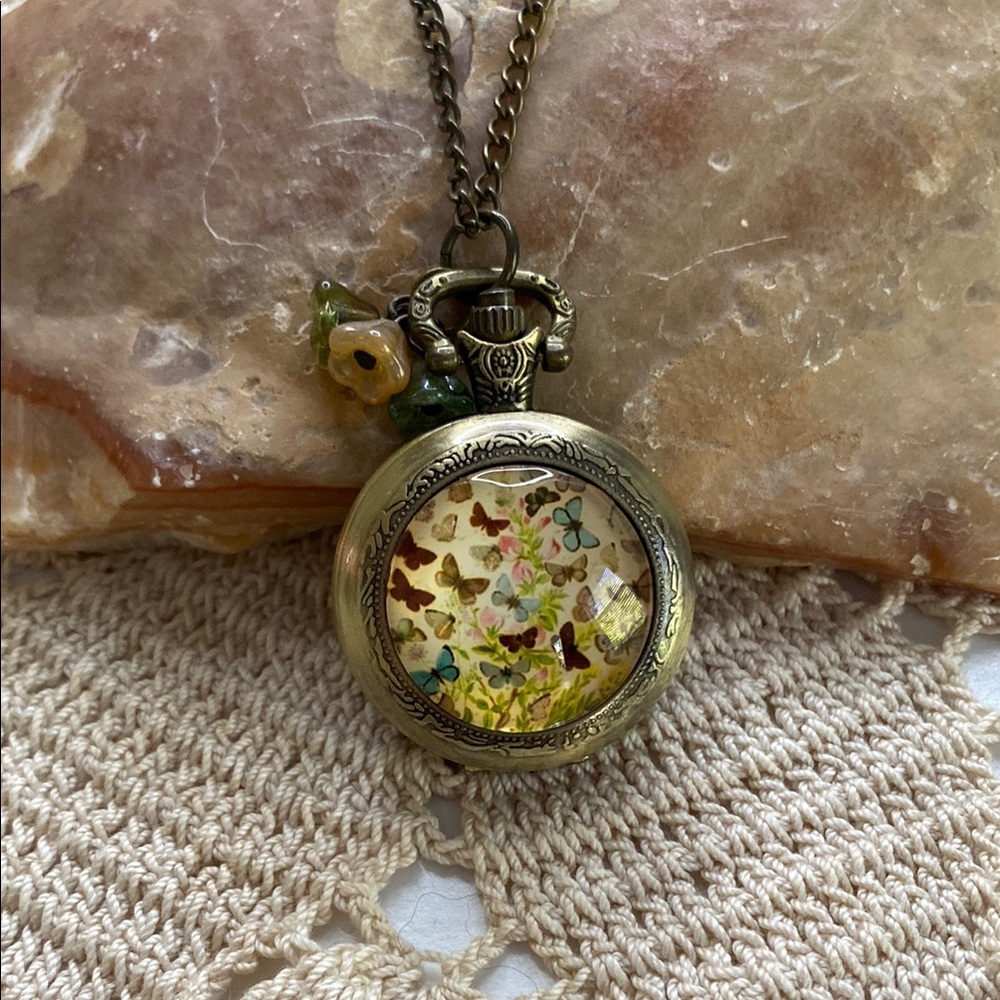 Vintage Look Gold Pendant Necklace Clock Locket with Floral Design